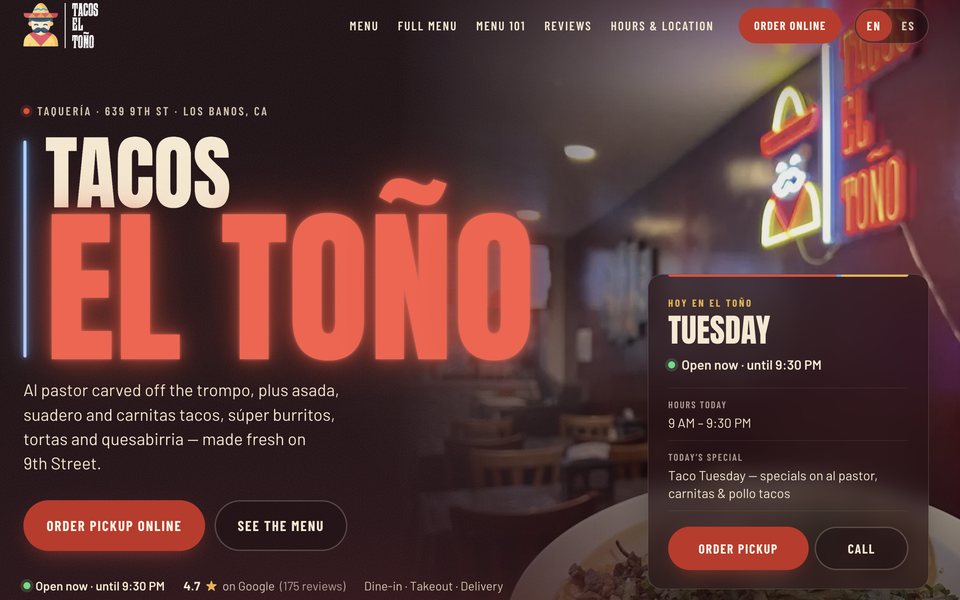 Tacos El Toño website, built by Central Valley Web Heads